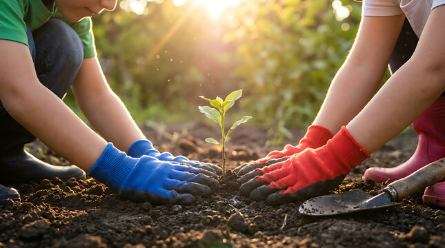 The children planting a new tree sapling with morning light glare.