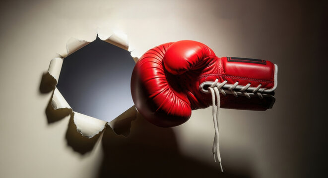 Close up of red boxing gloves resting on a rustic wooden surface with warm lighting