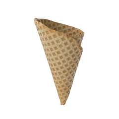 A crisp, empty waffle ice cream cone stands isolated on white or transparent background. PNG format.