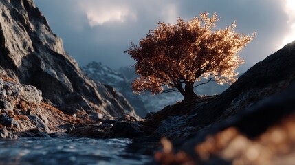 A solitary tree with bright leaves rises from rocky ground, illuminated by the golden light of sunset. Clouds gather above, creating a dramatic backdrop in this peaceful mountain scene