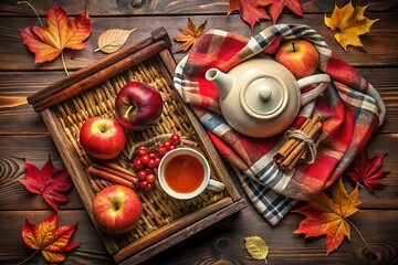 Cozy autumn still life with tea apples and fall foliage on wood