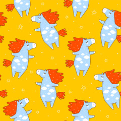 Seamless pattern with cute сartoon horse with clouds - funny animal background for Your kawaii design 2