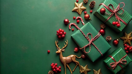 Festive green christmas gift boxes and holiday decorations flat lay