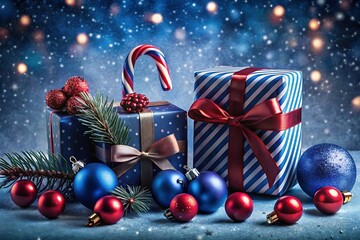 Festive christmas gifts and decorations with bokeh lights and snowfall background