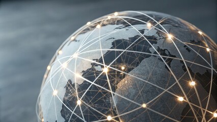 A digital globe with illuminated connections represents global networking and connectivity, illustrating the modern interconnected world.