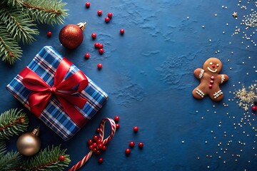 Christmas gift and gingerbread man on dark blue background with festive decorations