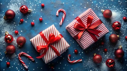 Christmas gifts with red ornaments and candy canes on a blue background