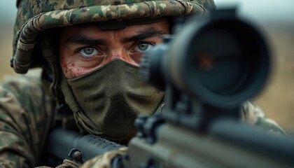 Fototapeta premium Close photo of soldier wearing camouflage. Focused eyes look through sniper rifle scope. Military man in mask ready for action. Intense face portrait shows precision and determination.