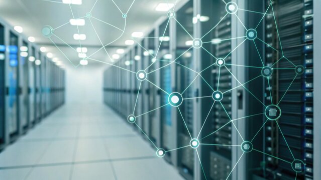 A modern server room with numerous racks, interconnected by digital network graphics, illustrating data connectivity and technology.