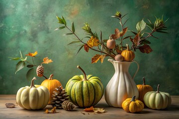 Autumn still life with pumpkins vase and fall foliage against textured green background