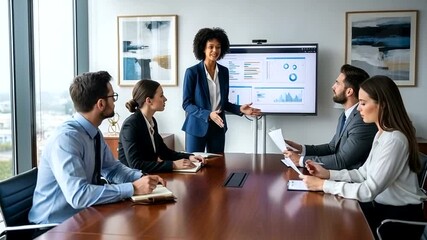 Dynamic businesswoman presenting financial data to executive team in modern office, driving growth and innovation with data-driven insights and collaborative strategies - Powered by Adobe