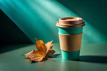 Autumn coffee break teal cup with maple leaf and sunlit background