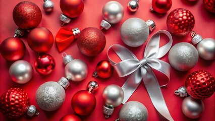 Festive red and silver christmas ornaments with a silver ribbon bow