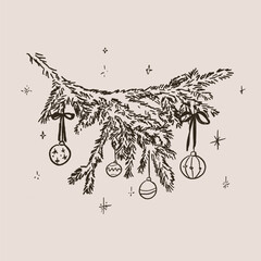 Hand drawn sketch elegant delicate spruce winter Christmas branch with ornaments