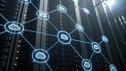 A futuristic data center with illuminated server racks and digital cloud connections, showcasing advanced technology and networking.