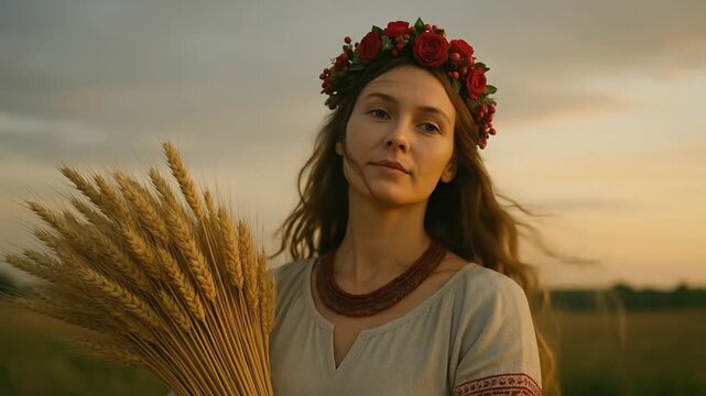 god Mokosh Slavic goddess of fertility and earth, holding sheaves Golden Hour Portrait of a Serene Woman in Traditional Folk Attire, Adorned with a Red Flower Wreath and Holding a Sheaf of Wheat