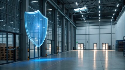 A spacious industrial interior with a digital shield symbolizing security, illuminated by overhead lights, highlighting a modern warehouse environment.