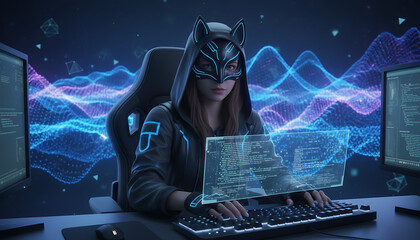 A cute hacker girl wearing kawaii animal mask and her hoodie with digital tech particle hologram