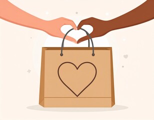 Diverse hands form heart over eco-friendly shopping bag symbolizing love and generous giving