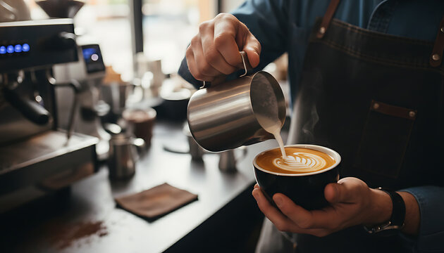 Barista pouring a froth milk into a cup of latte making a latte art in the coffee shop scenery. 