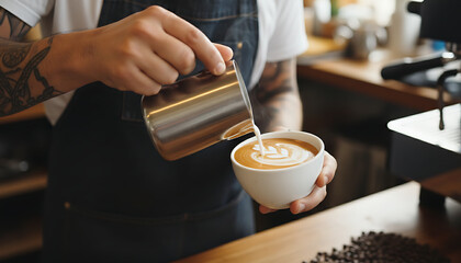Barista pouring a froth milk into a cup of latte making a latte art in the coffee shop scenery. 