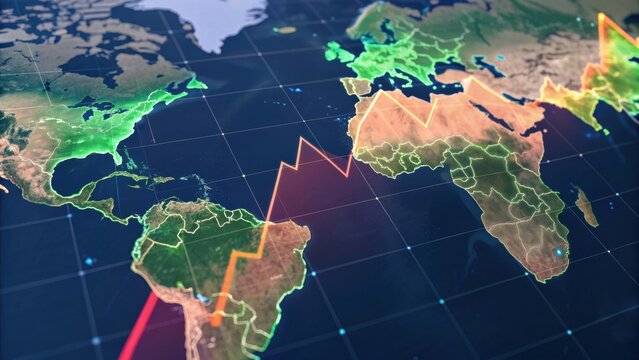 A digital world map showcasing data trends with vibrant colors and upward growth indicators, highlighting global connectivity and economic dynamics. - Powered by Adobe