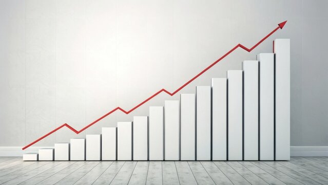 A minimalistic graph showing an upward trend in white bars with a red line, indicating growth or improvement over time.