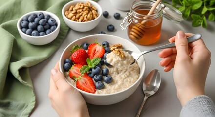Eating healthy oatmeal breakfast with berries and nuts