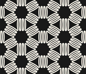 Black and white vector seamless pattern. Abstract floral geometric texture. Elegant monochrome ornamental background with flower silhouettes, lines, triangles, grid, lattice. Minimal repeating design