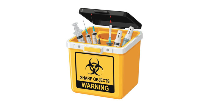 Yellow biohazard sharps container filled with used syringes and needles, with warning label indicating danger and proper disposal for medical waste