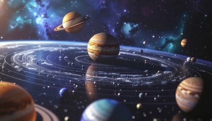 Futuristic space scene with detailed planets, glowing rings, and cosmic stars in a vibrant galaxy. Science fiction illustration of a majestic solar system in deep space