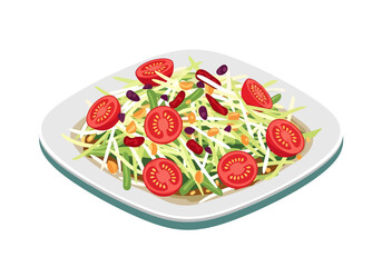 This vibrant vector illustration depicts a zesty Thai Som Tum salad featuring shredded green papaya, juicy red tomato halves, roasted peanuts, and long beans served on a white square plate