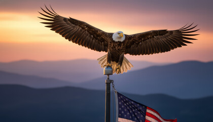 Majestic bald eagle soars over american flag at sunset nature photography scenic landscape wildlife viewpoint