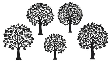 Collection of five black and white stylized tree silhouettes with dense foliage and branching on an isolated white background. isolated on white background, Vector, illustration