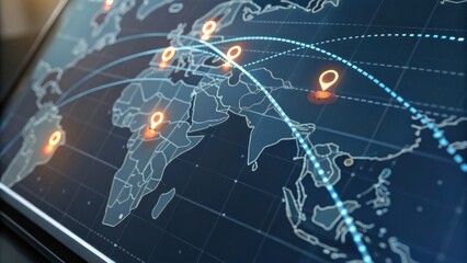 A detailed digital map showcasing global locations with highlighted pins and connection lines, representing a network or travel routes.