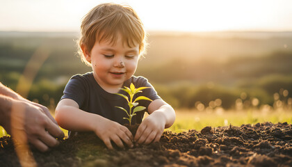 child planting a small sapling in soil helped by his parents hand with blurry morning glare and green nature background