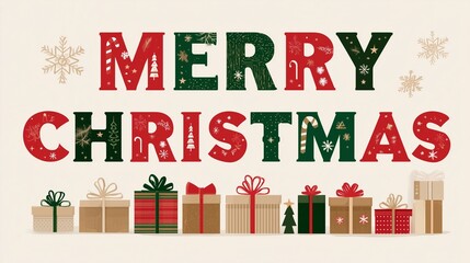 A festive merry christmas greeting in bold red letters, each filled with holiday-themed designs such as candy canes, snowflakes, stars, trees, and ornaments. Ideal for holiday and christmas card