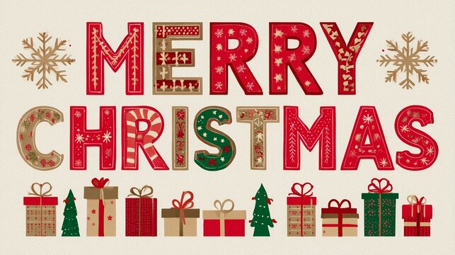 A festive merry christmas greeting in bold red letters, each filled with holiday-themed designs such as candy canes, snowflakes, stars, trees, and ornaments. Ideal for holiday and christmas card