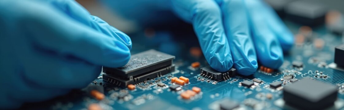 Blue gloved hands carefully place microchip onto a complex blue circuit board. Technician performs detailed electronic assembly work in lab. Tiny components are part of advanced tech production. - Powered by Adobe