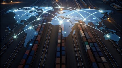 A digital illustration depicting a world map overlaid on a railway yard, symbolizing global connectivity and logistics with illuminated lines connecting various locations.