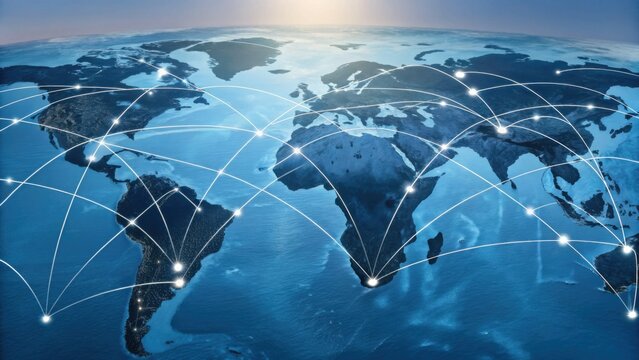 A digital illustration of a global map with interconnected lines, symbolizing global connectivity and communication across continents.