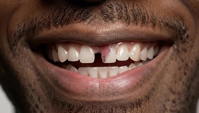 Close-up of a Black man's mouth smiling with a visible gap where a tooth is missing, showing gums