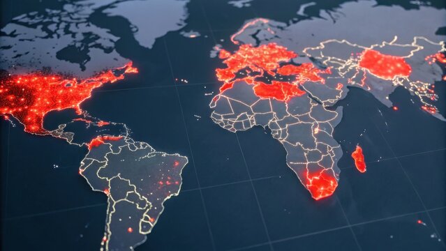 A digital map highlighting global regions with vibrant red indicators, suggesting population density or activity levels across continents.