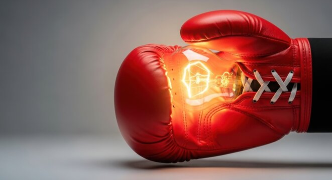 Pair of white boxing gloves floating with dramatic blue and purple neon lighting