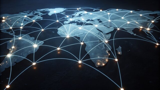 A digital representation of the world map interconnected with glowing lines, symbolizing connectivity and global communication.