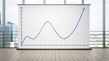A modern office space featuring a large graph on a screen, illustrating fluctuating data trends against a backdrop of city buildings.