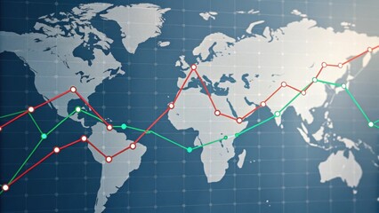 A world map with data visualization lines in red and green, illustrating trends or statistics across different regions.