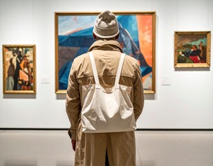 A rear view of a stylish person contemplating diverse artworks in a serene museum gallery setting