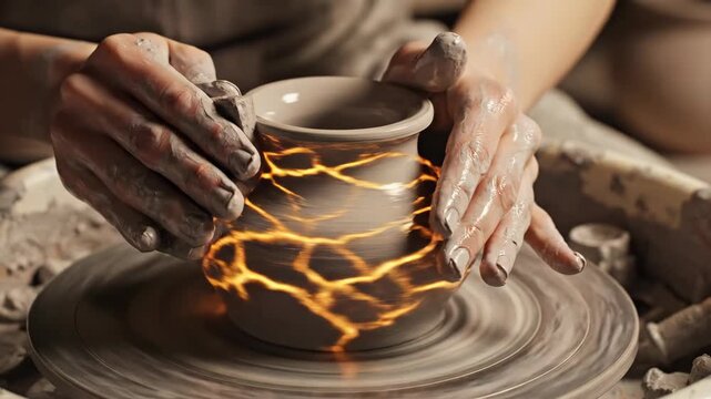 Woman potter shaping clay vase on wheel during creation process. Vessel cracks to reveal inner orange glow symbolizing resilience and beauty in brokenness. Conceptual closeup footage for advertising