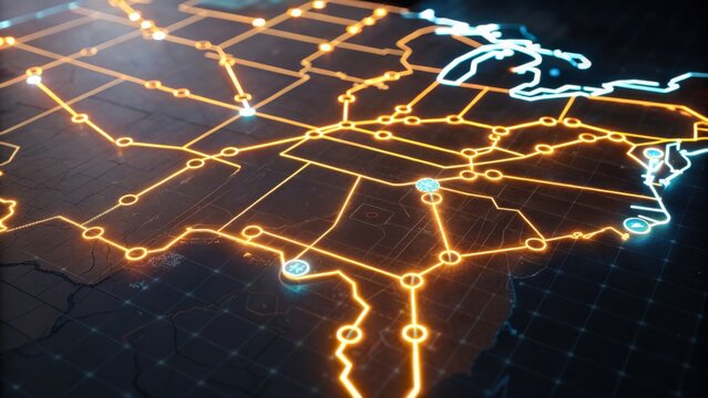 A digital map highlighting a network of connections across the southern United States, featuring bright lines and nodes.
